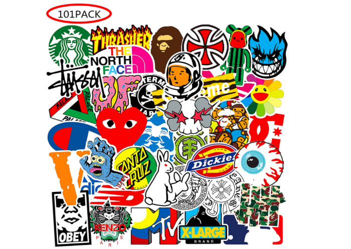 a pack of stickers with lots of popular brand logos, including Starbucks, MTV, and Dickies