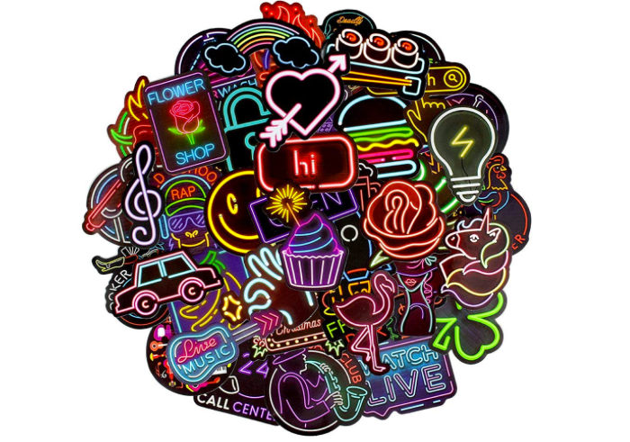 a cluster of neon-light stickers of varying shapes