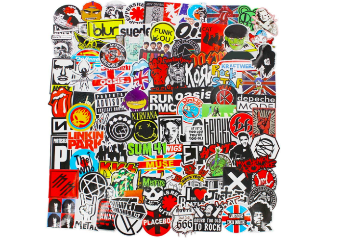 a large cluster of various band logos in sticker form