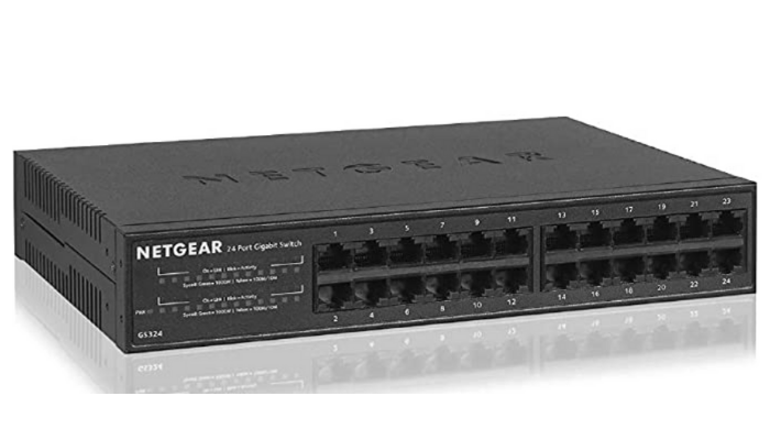 dark gray network switch with 12 Ethernet ports