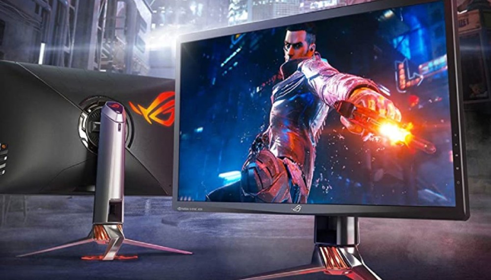 two dark gray gaming monitors on stands with colorful feet