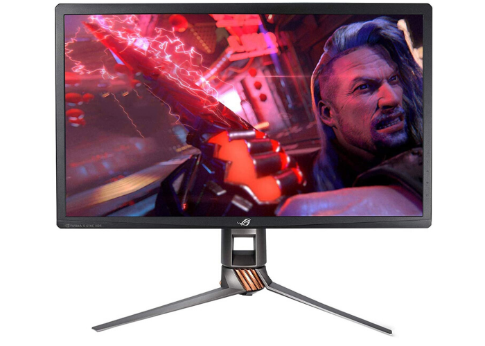 dark gray gaming monitor on a gray and orange stand