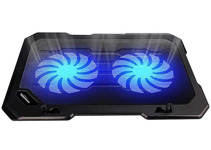 black flat-edged laptop cooling pad with two large fans