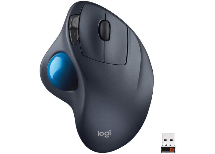 black wireless laptop mouse with an ergonomic design and a large blue scrolling ball