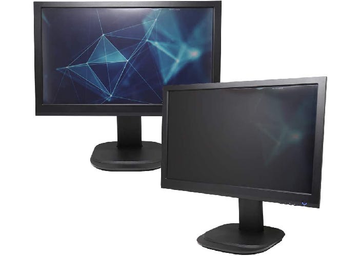 two black computer monitors, one with a privacy screen