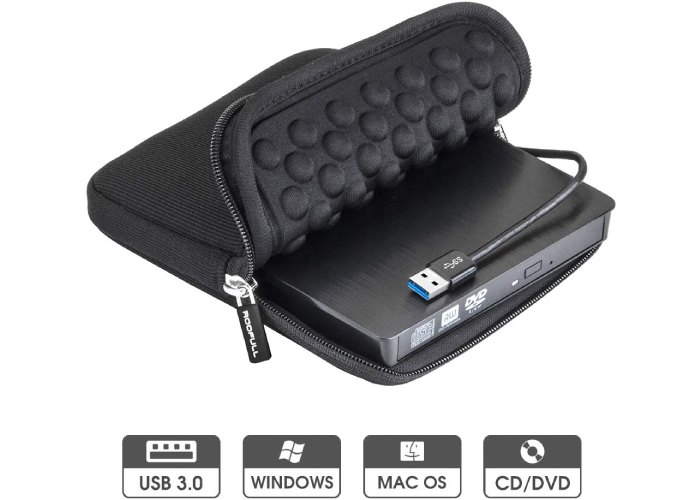 black CD charger in a matching case and USB cord