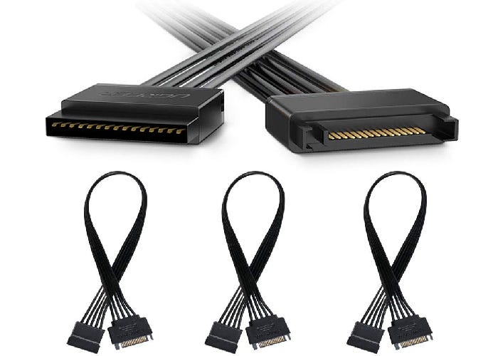 three black SATA cables with a closeup of the male and female ends