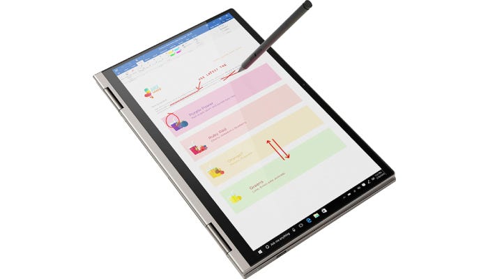 black Lenovo tablet with a matching pen