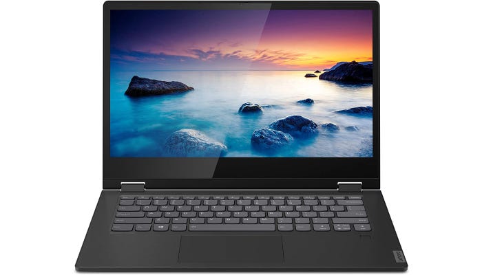 black Lenovo laptop showing the scene of the shoreline at sunset