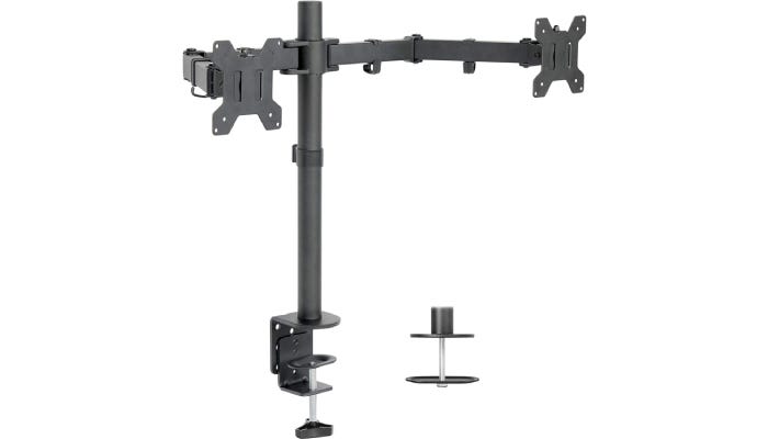 upright gray dual monitor stand with horizontal mounts