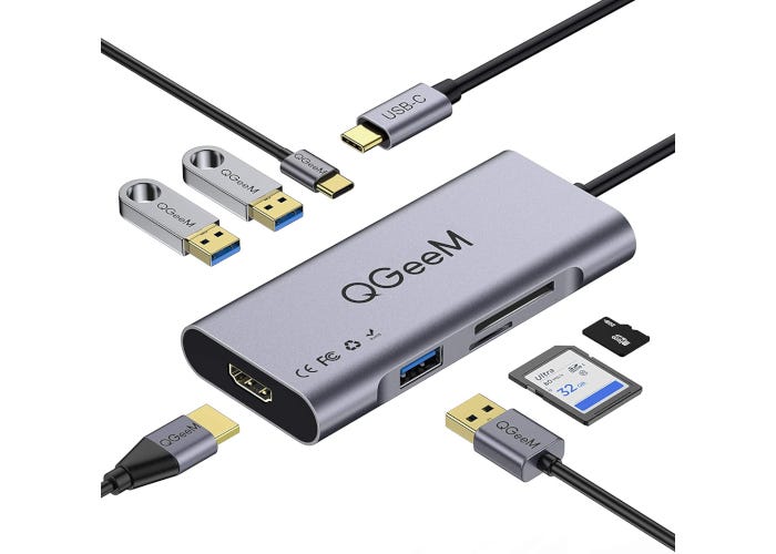 Sleek aluminum alloy USB-C hub with ports for HDMI, three USB 3.0, SD card, USB-C, and TF card