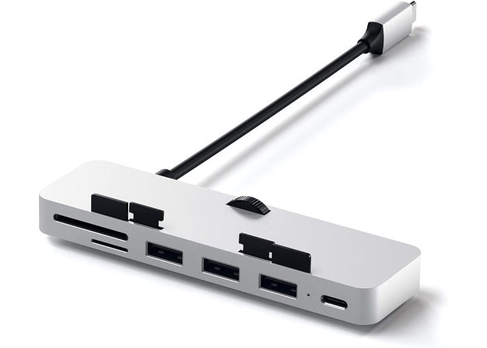 Silver USB-C Hub with clamp-fastening design, 3 USB 3.0 ports, a USB-C port, and MicroSD and SD card readers