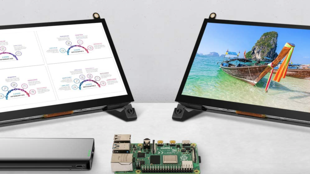 two black portable monitors side-by-side showing different images