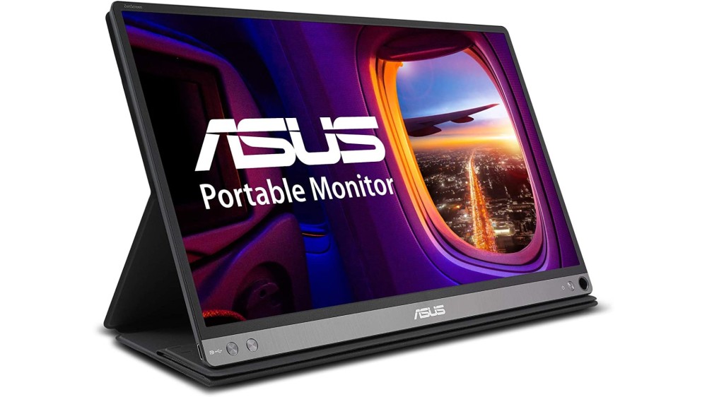 ASUS portable monitor standing up and showing high-quality image definition