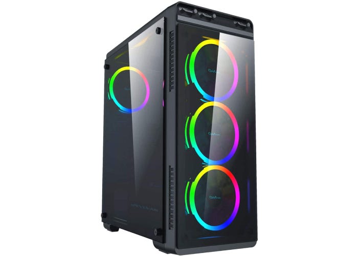 a shiny black RGB case with four circular rainbow lights