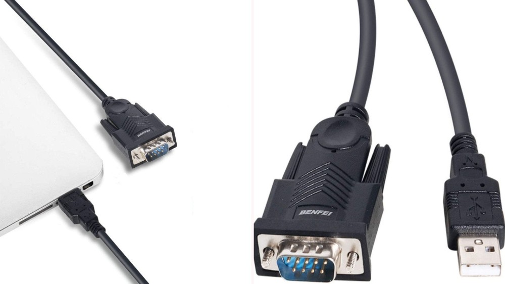 9-pin USB-to-serial adapter connected to a laptop; front-facing view of 9-pin USB-to-serial adapter cable.