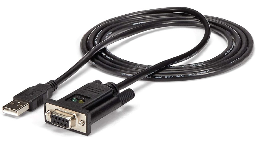 USB-to-serial adapter cable in a coiled position.