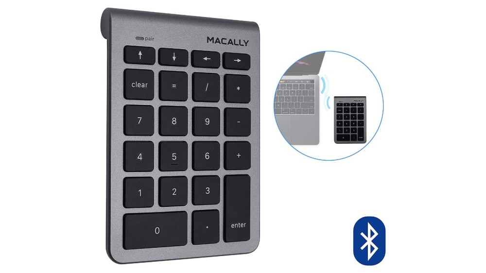 A silver numeric keypad with black keys that offers Bluetooth technology