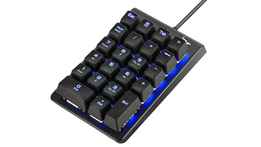 a black numeric keypad featuring blue LED backlighting