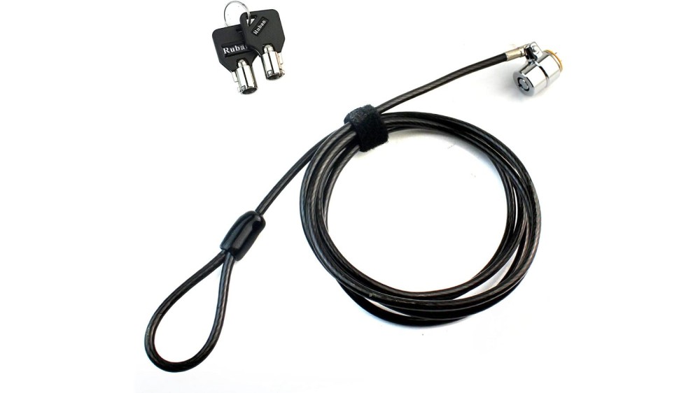 A black laptop lock cable with a loop and two keys. 