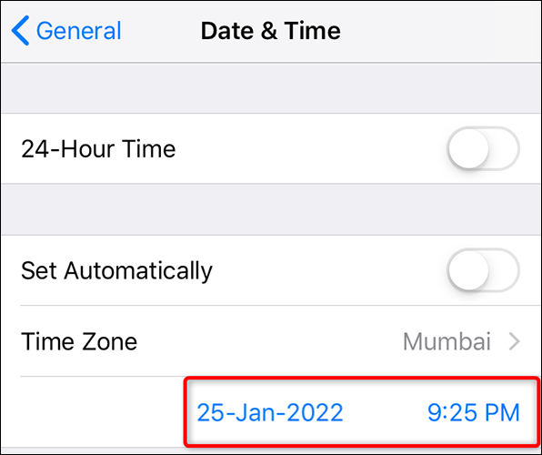 Manually set the date and time on iPhone.