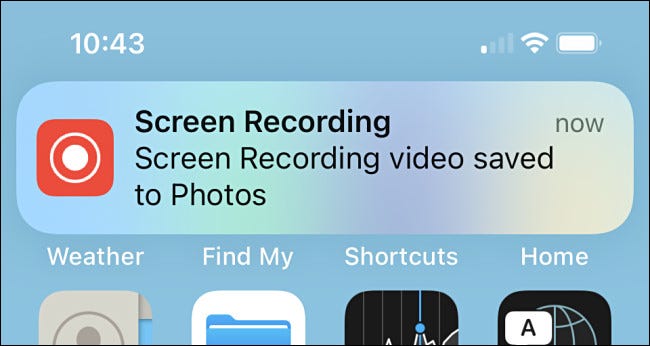 A confirmation on iPhone reading "Screen Recording video saved to Photos."