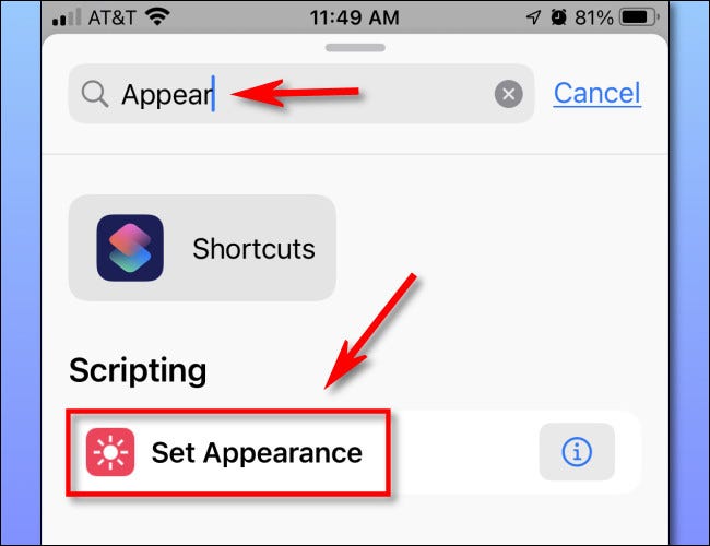 Type "Appearance," then select "Set Appearance" in the list of actions.