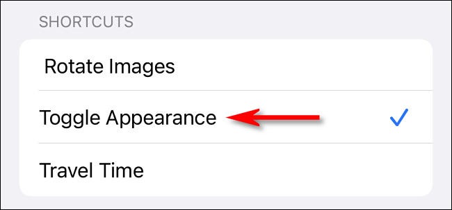 In the list of shortcuts, select "Toggle Appearance."