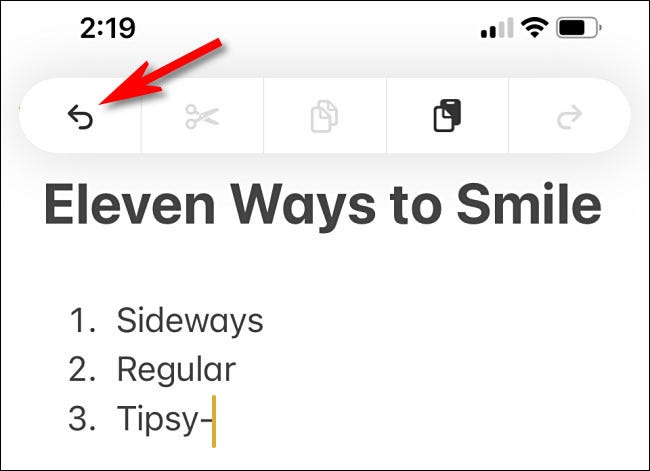Tap the undo button on the iPhone edit bar.