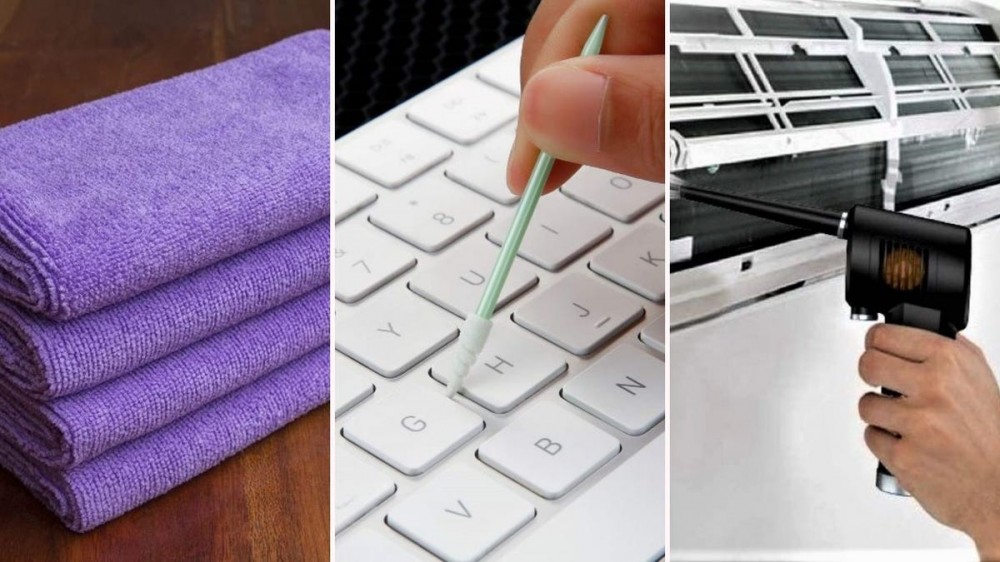 Three purple microfiber cloths, someone cleaning a keyboard with a pointed swab, and someone using a rechargeable air duster.