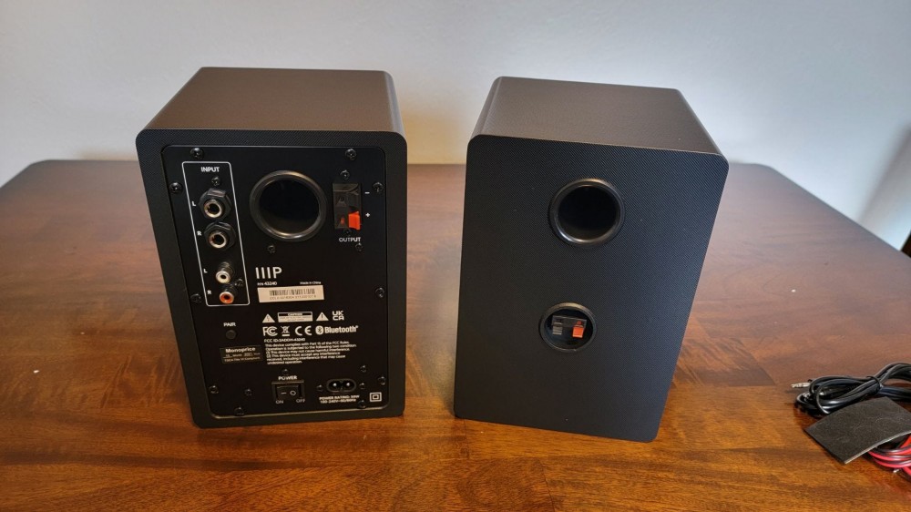 Backs of MonoPrice DT-3BT desktop speakers