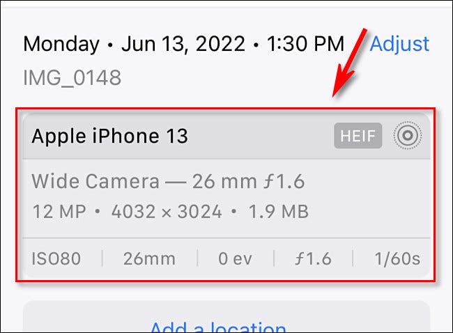 EXIF photo data in the Apple Photos app on iPhone.