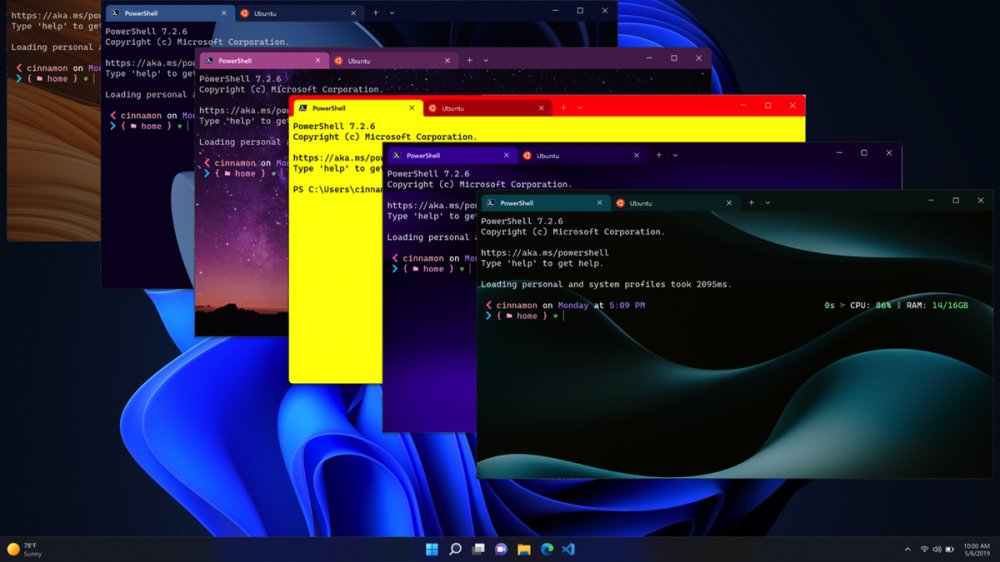 Examples of the Windows Terminal with custom color schemes and backgrounds