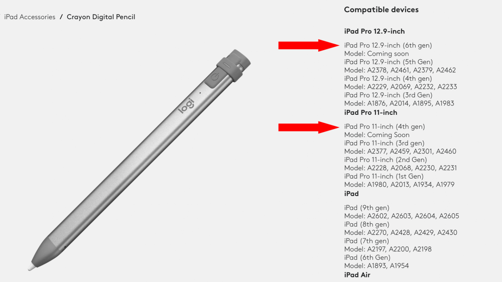 Logitech Crayon sales page with next-gen iPad Pro models listed in compatibility section.