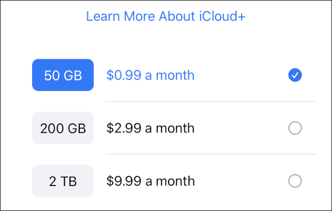 iCloud+ storage options with monthly pricing.