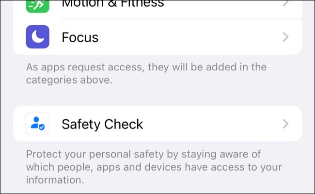 Safety Check option under iPhone Settings