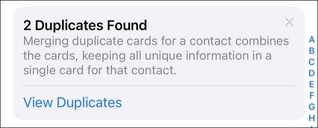 Duplicates found message in iOS Contacts