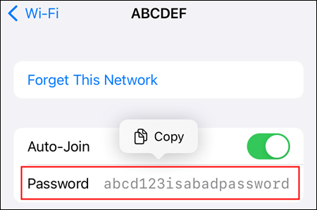 Tap "Password" to display the password of that network. 