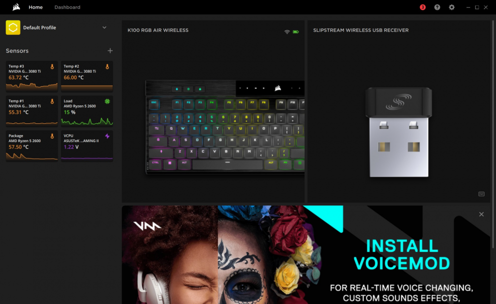 Corsair iCUE app home page