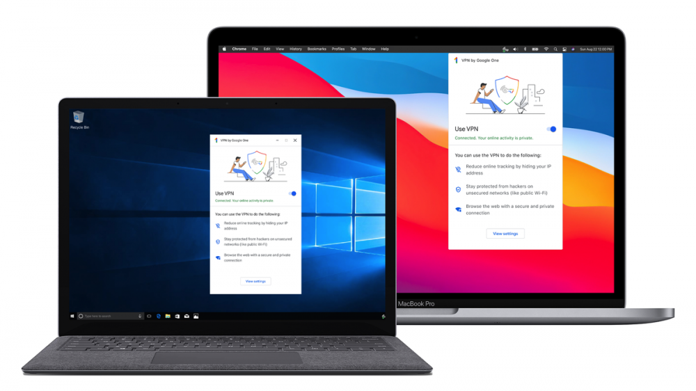 The Google One VPN desktop client on a PC and Mac.