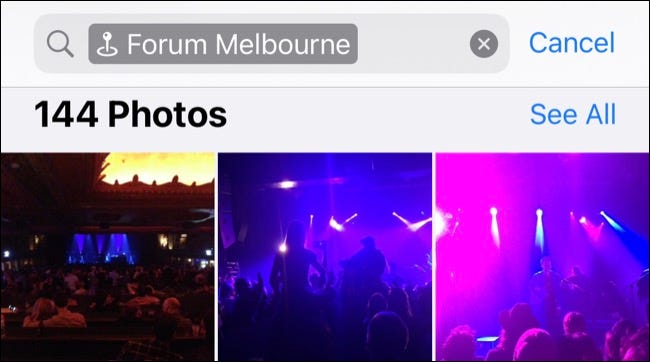 Finding images taken at a venue by searching for it in the iPhone Photos app