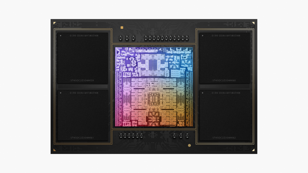 Illustration of M2 Max SoC with visible transistors.