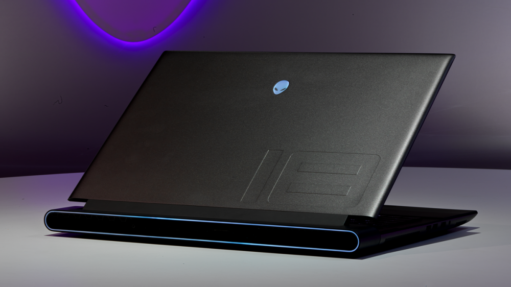 The Alienware m18 gaming laptop on a table.