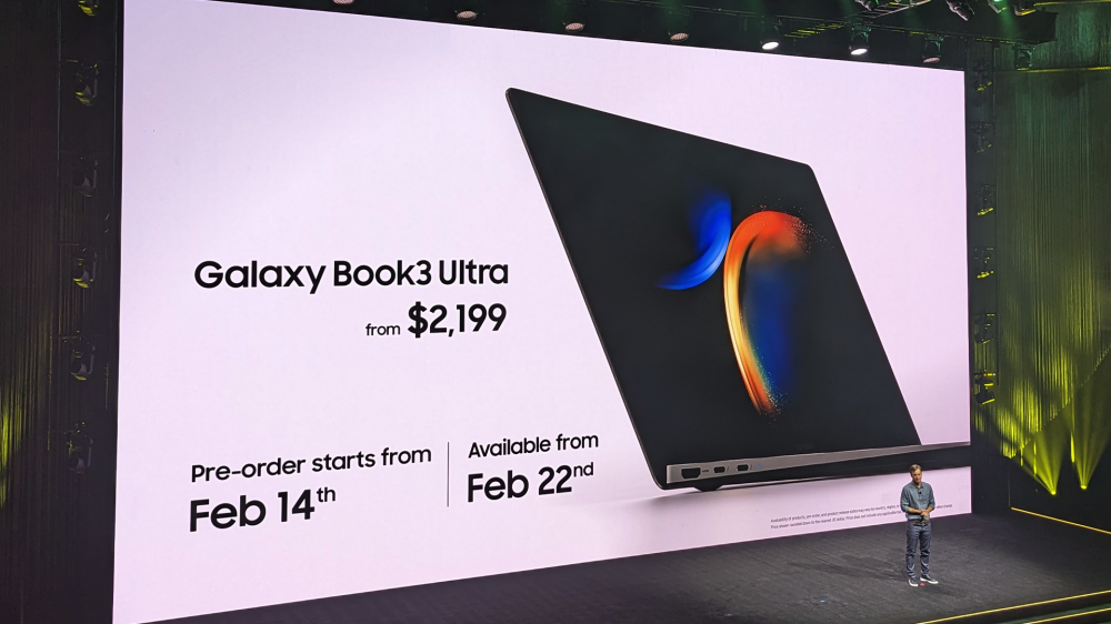 Samsung revealing pricing for Galaxy Book 3 Ultra at the Unpacked event.