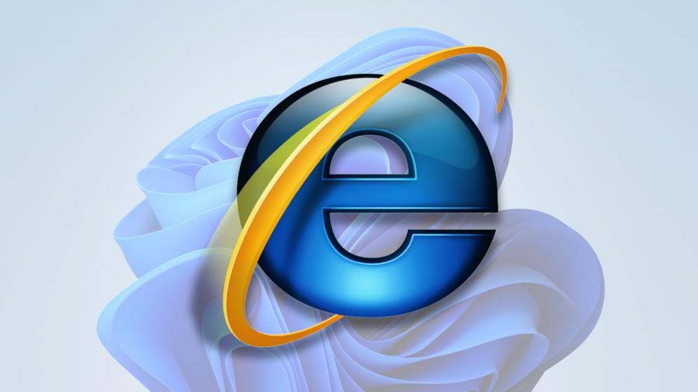 The Internet Explorer logo over Windows 11.