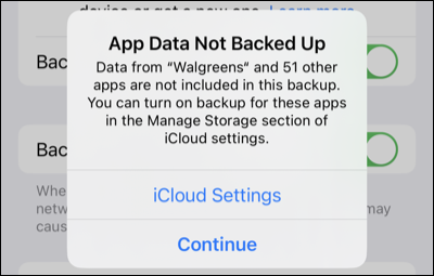 Alert for app data not included in the backup