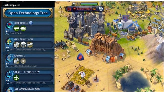 Civilization VI mobile showing open technlogy tree and game board