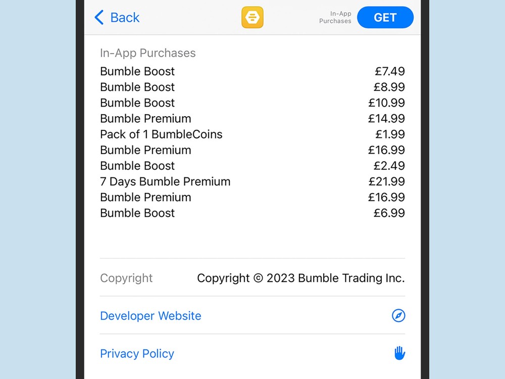 The in-app pricing list for Bumble.