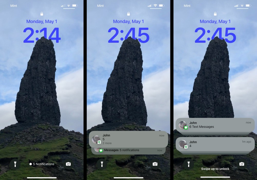 From left to right, the lock screen notification display options for the iPhone: count, stack, and list.