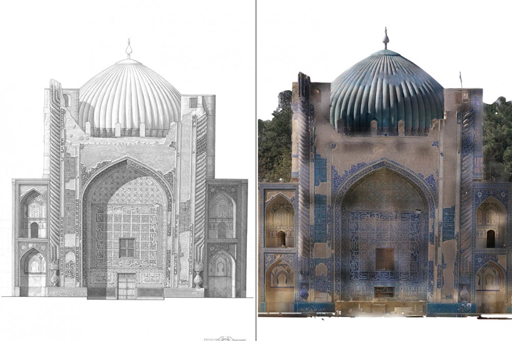 Side-by-side of hand drawn and renderings of the Green Mosque.